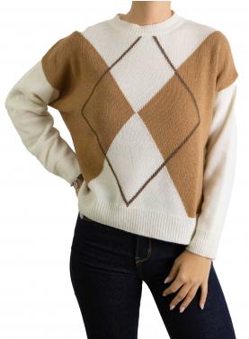 Maglione con rombi bicolore girocollo misto cashmere